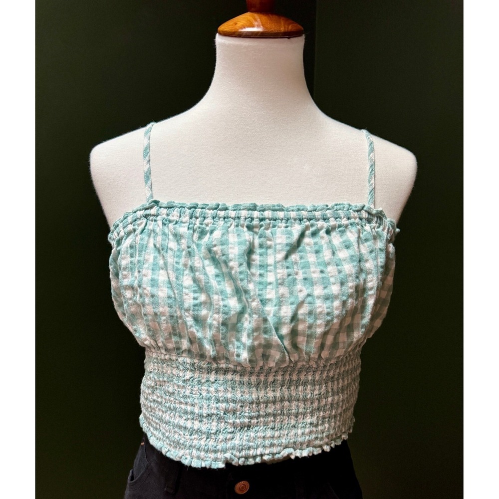 American Eagle Blue &‎ White Gingham Smocked Cropped Tank Women's L